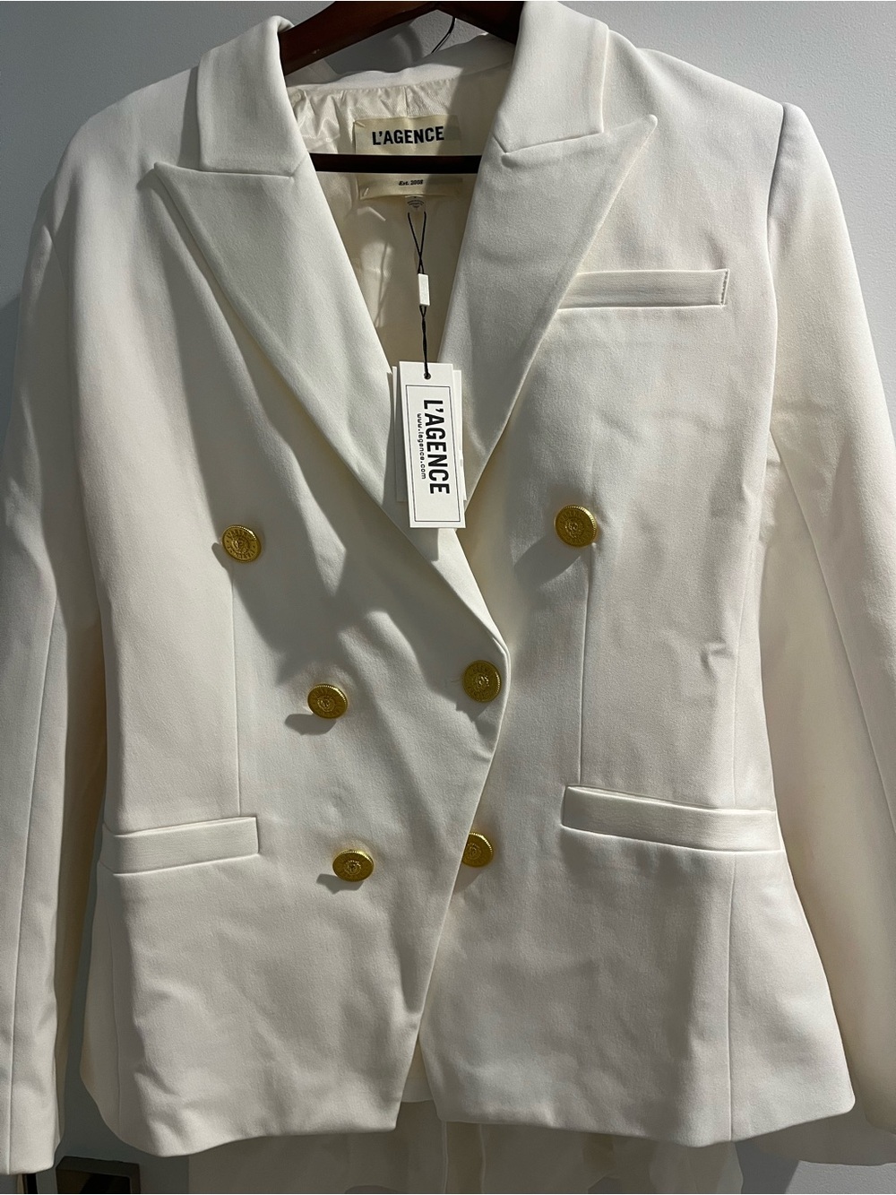 L'AGENCE Double-Breasted Ivory Blazer with Gold Buttons